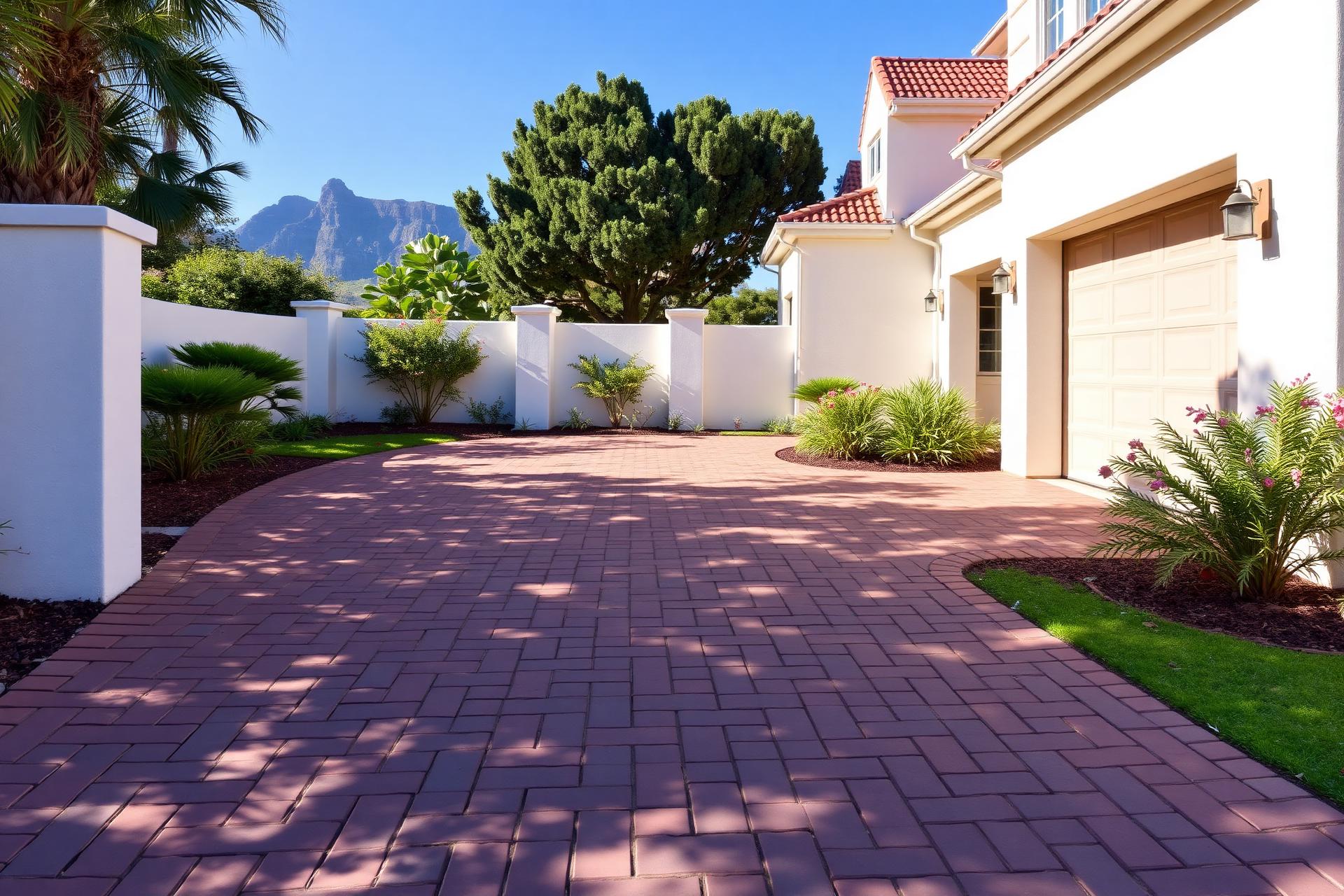 Beautiful brick paved driveway at a Cape Town home with Table Mountain in the distance